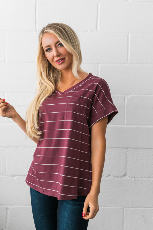 Tomboy V-Neck Tee In Burgundy - ALL SALES FINAL