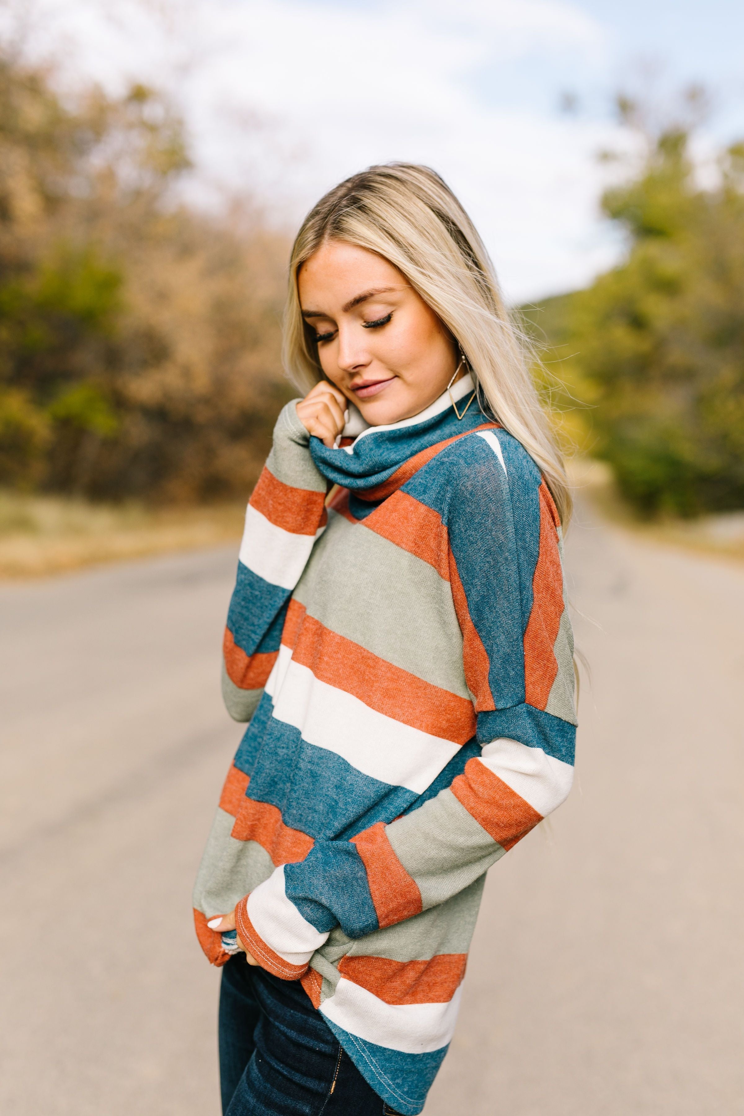 Totally Twisted Teal Striped Cowl Neck Top