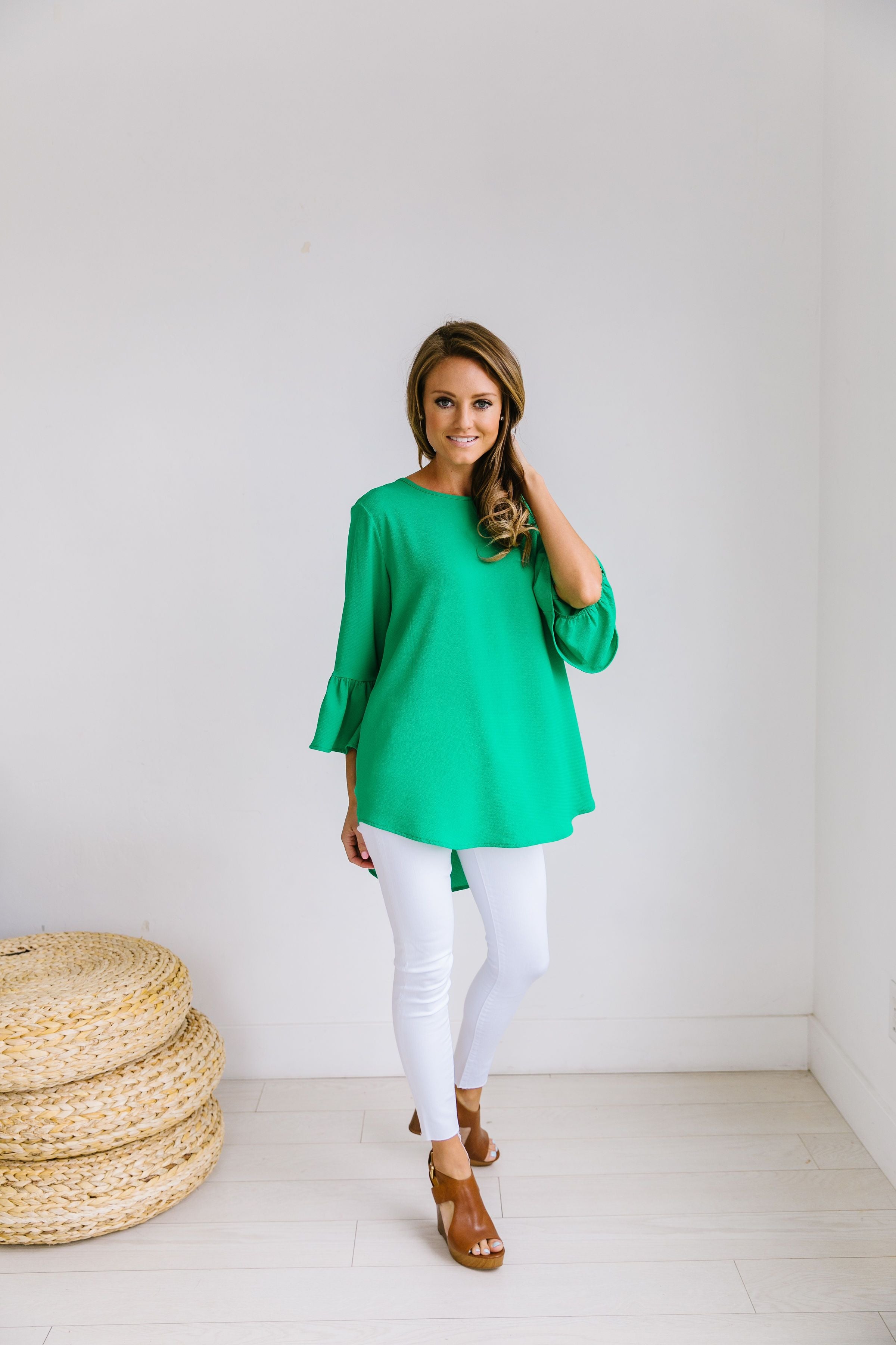 Trumpet Sleeve Blouse In Green - ALL SALES FINAL