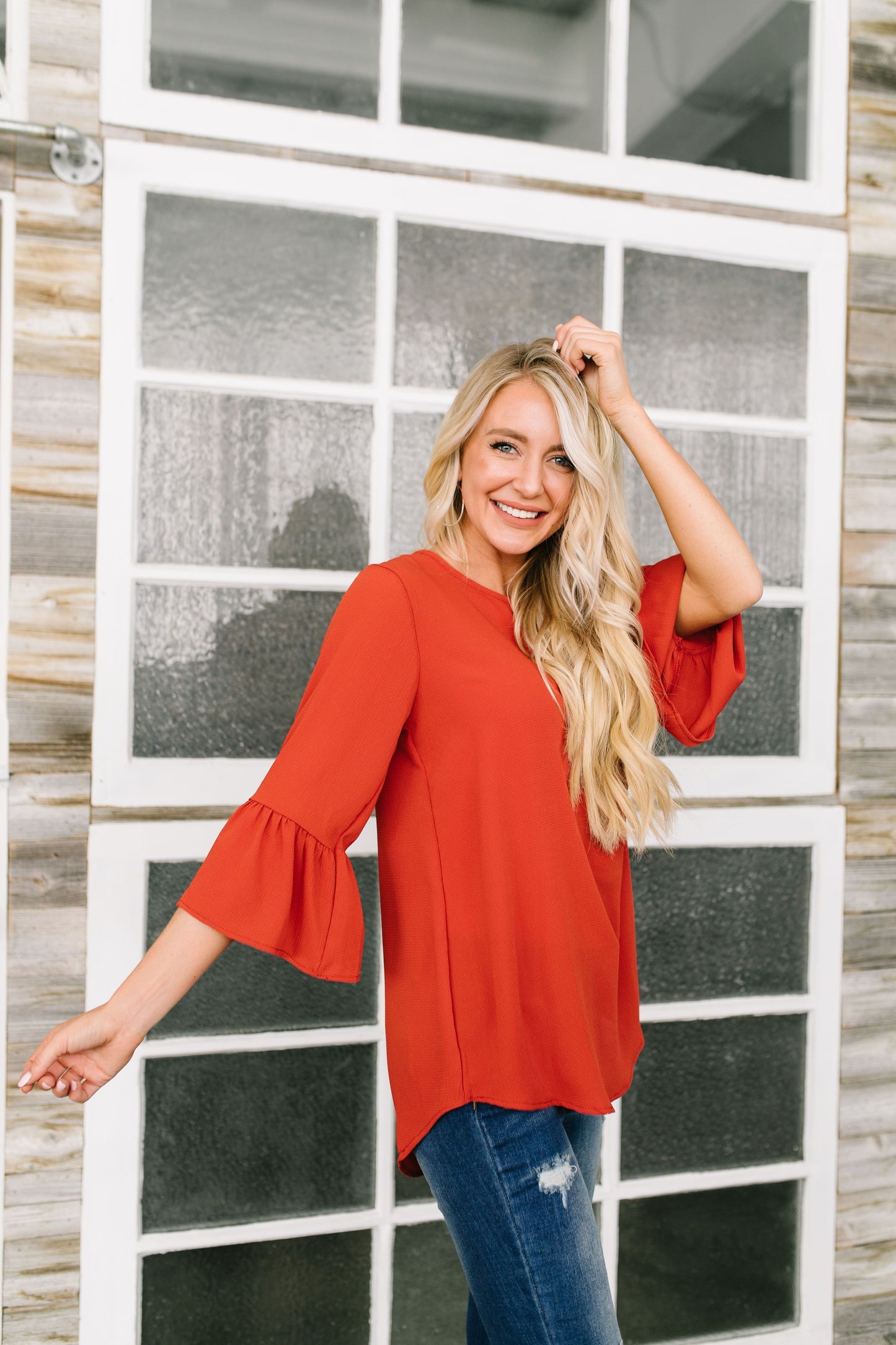 Trumpet Sleeve Blouse In Rust