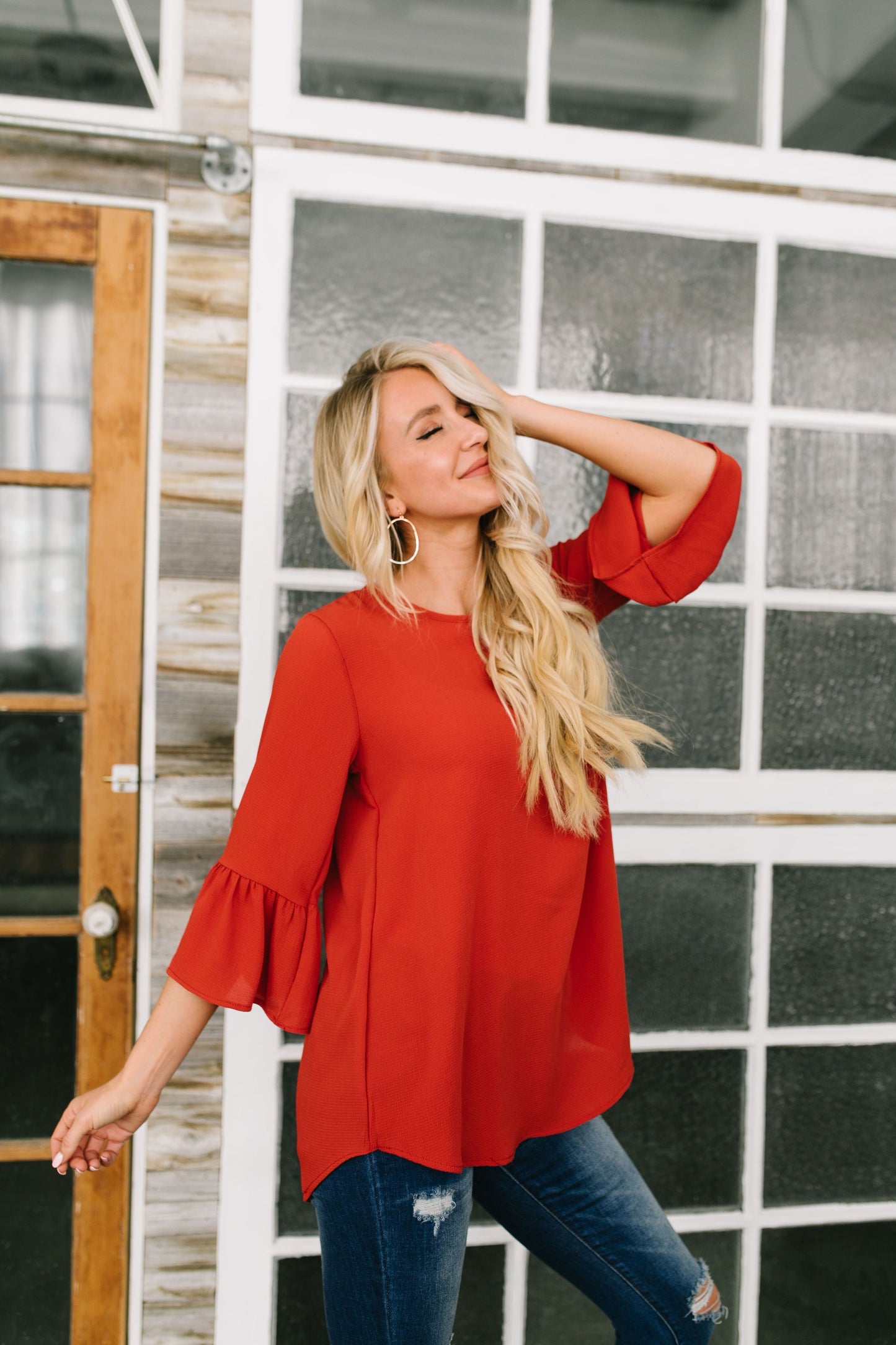 Trumpet Sleeve Blouse In Rust