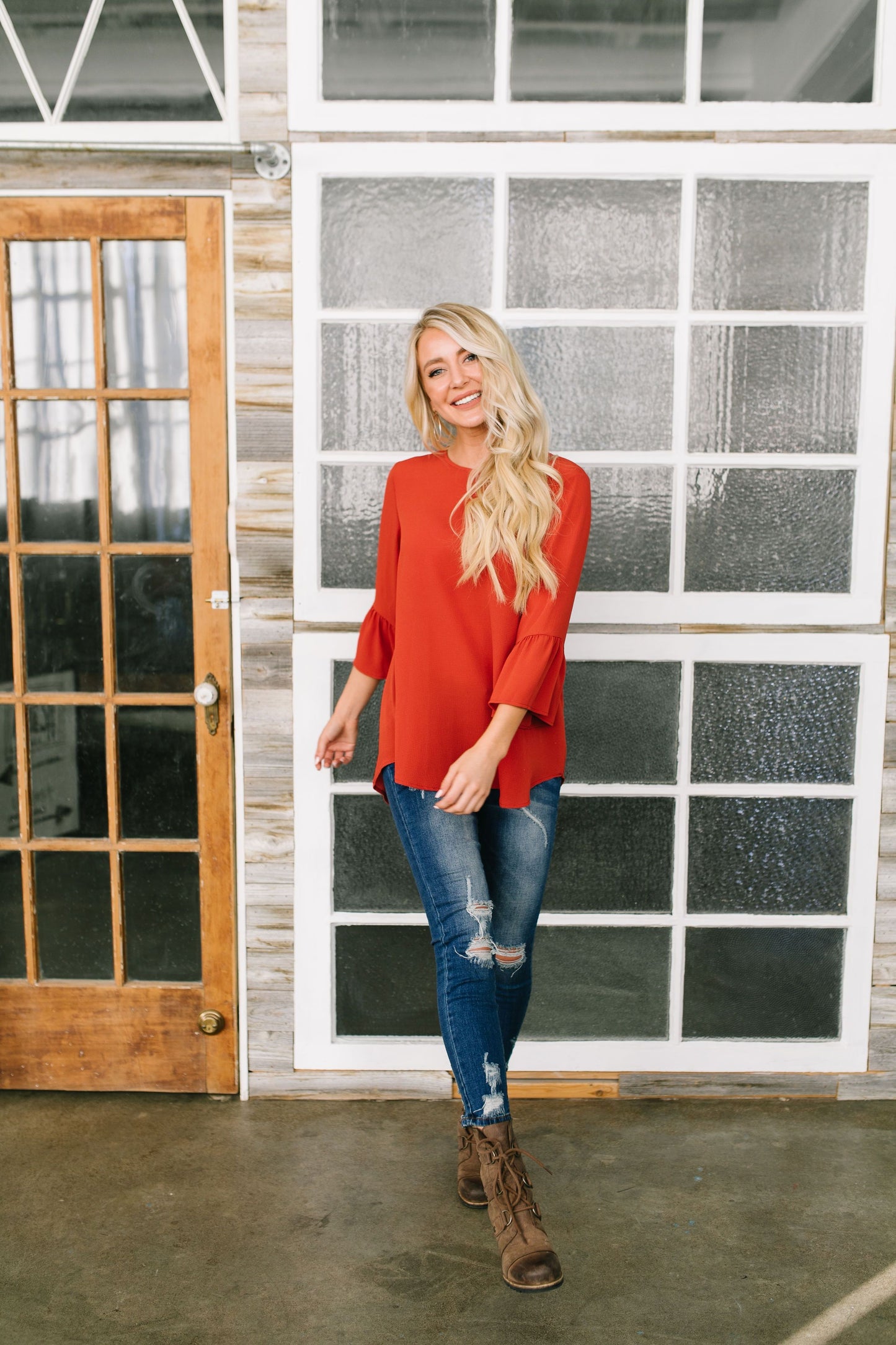 Trumpet Sleeve Blouse In Rust