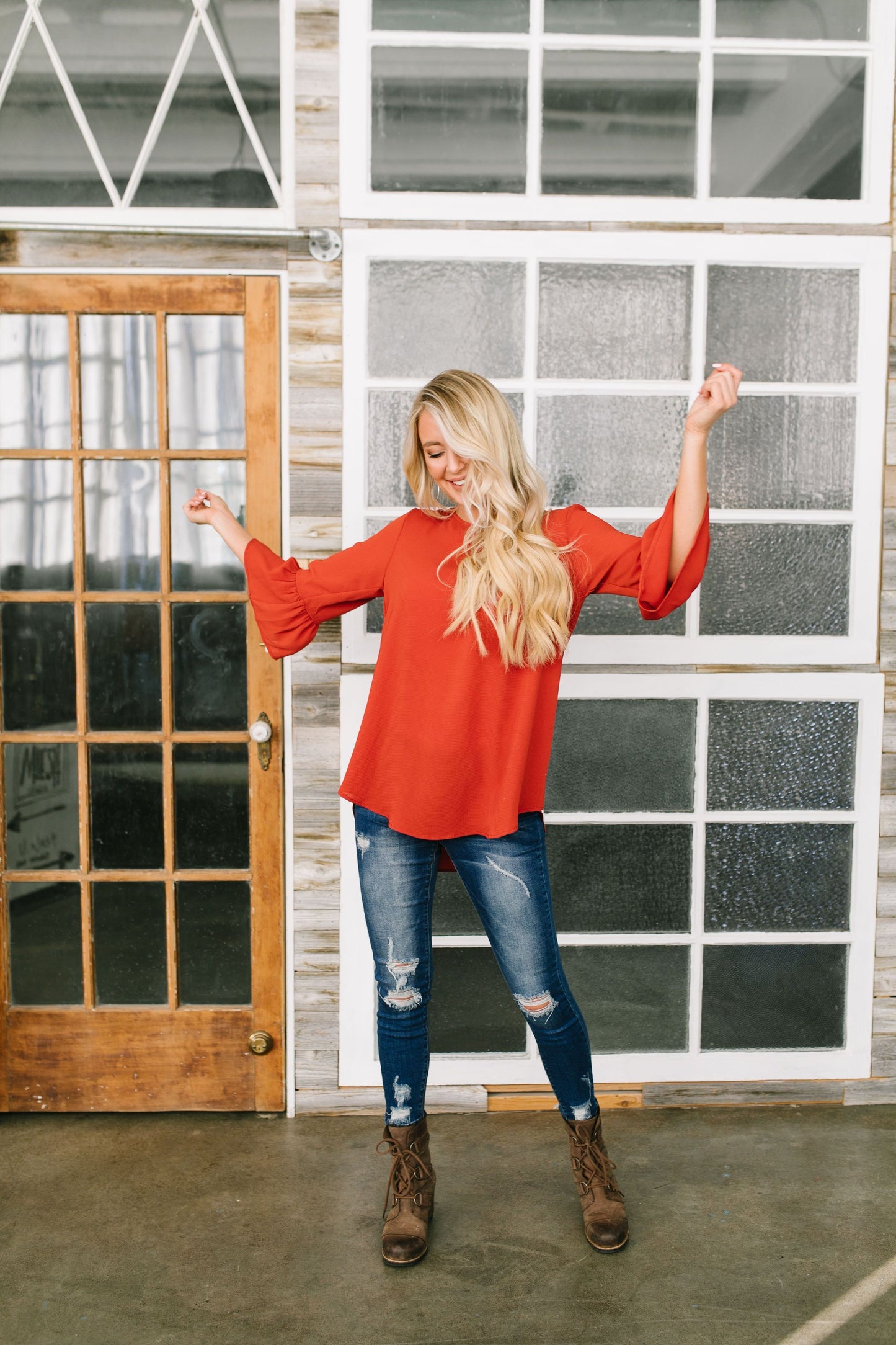 Trumpet Sleeve Blouse In Rust