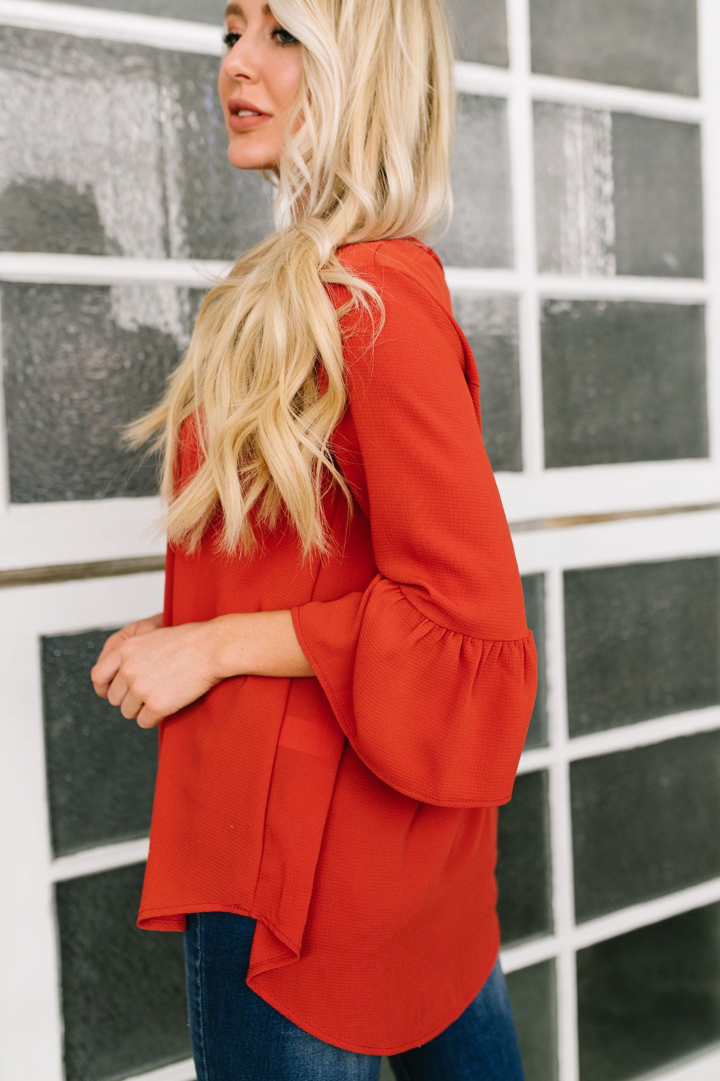 Trumpet Sleeve Blouse In Rust