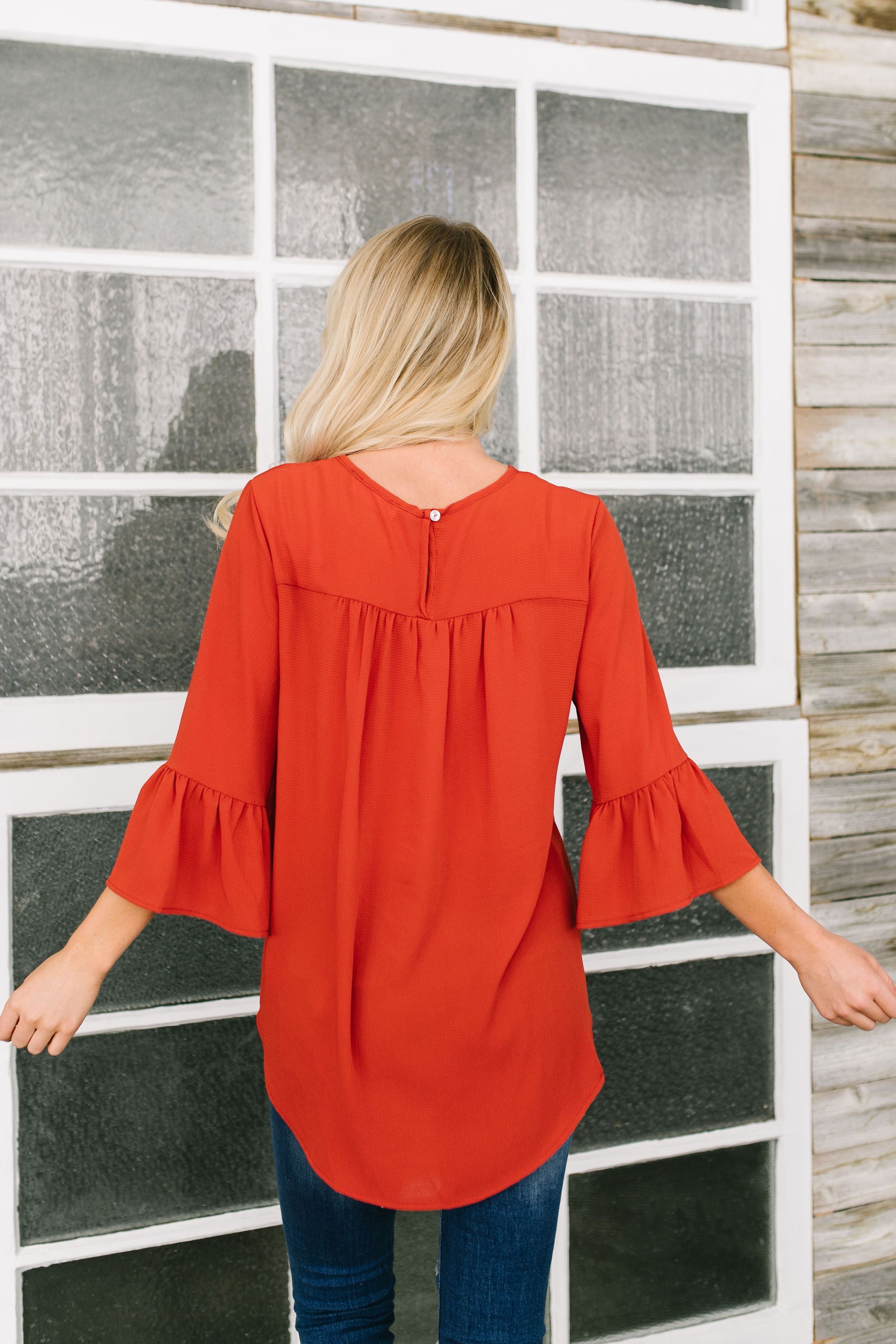Trumpet Sleeve Blouse In Rust