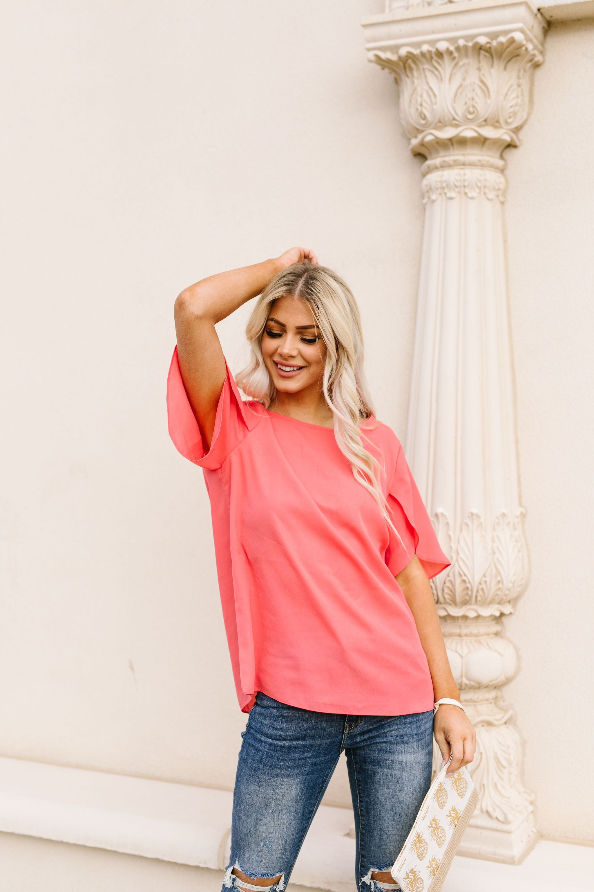 Tulip Sleeve Blouse In Coral
