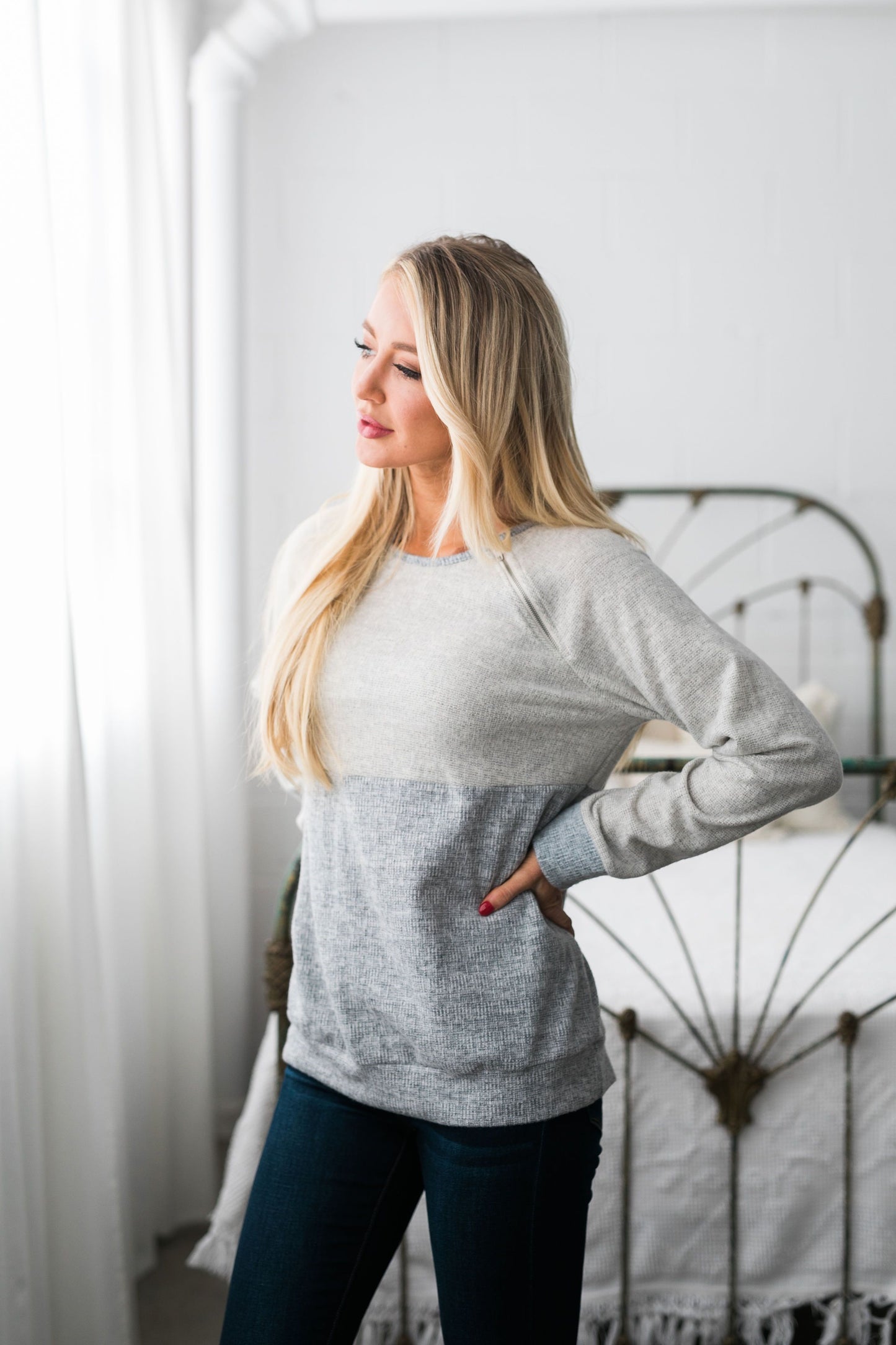 Two Shades Of Gray Angled Zip Top - ALL SALES FINAL