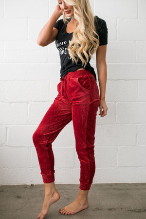 Very Velvety Velour Joggers In Red - ALL SALES FINAL