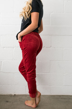 Very Velvety Velour Joggers In Red - ALL SALES FINAL
