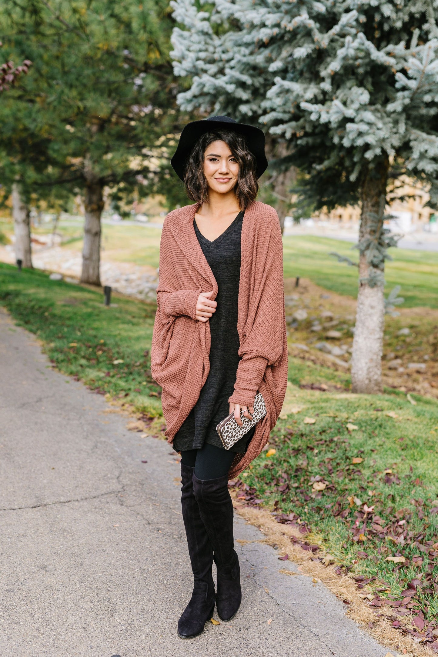 Waffle Knit Slouchy Cardi In Rust