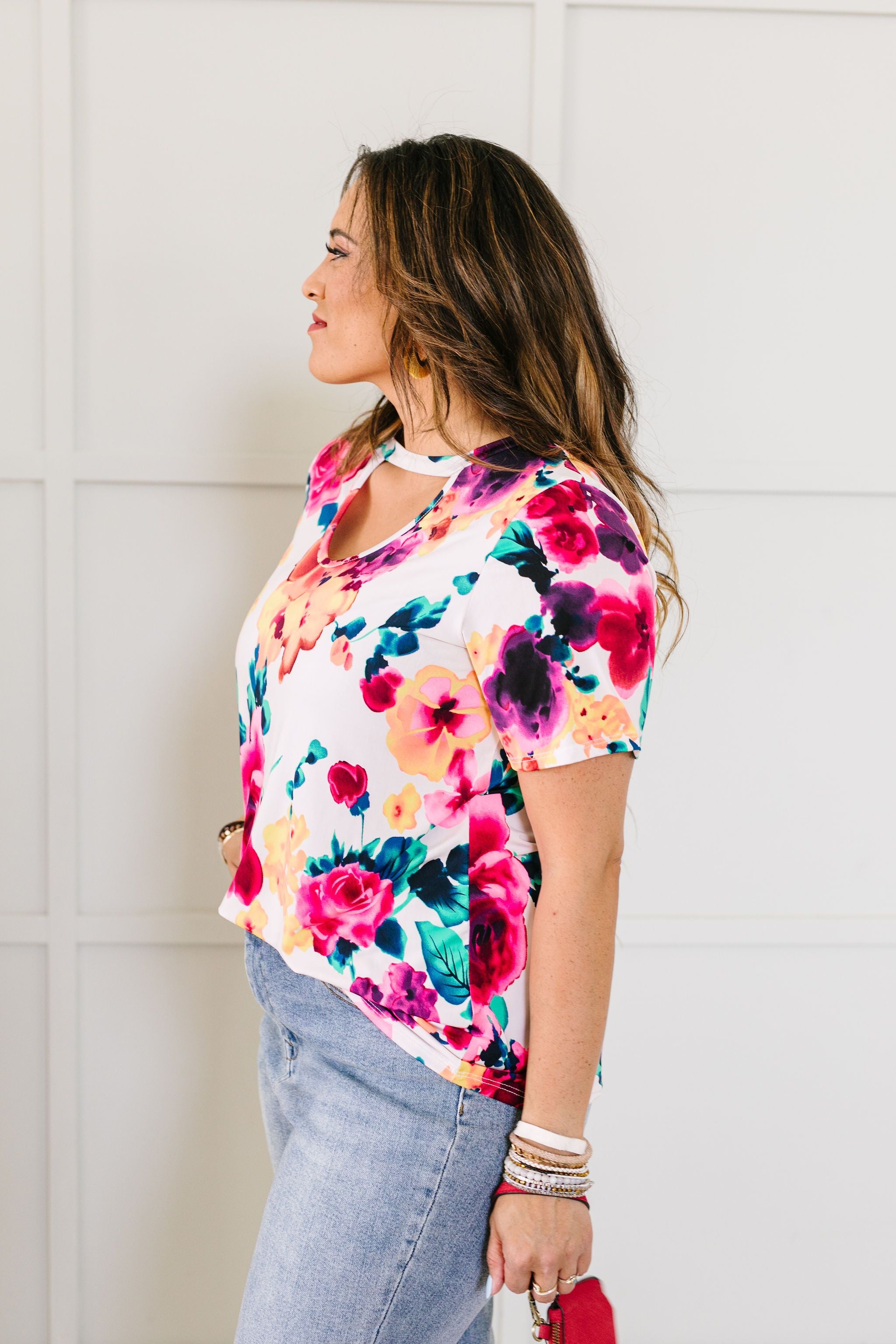 Watercolor Flowers Keyhole Top In Ivory