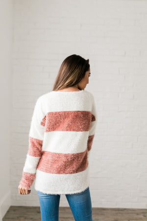 Wide Stripe Eyelash Sweater In Mauve + Ivory - ALL SALES FINAL