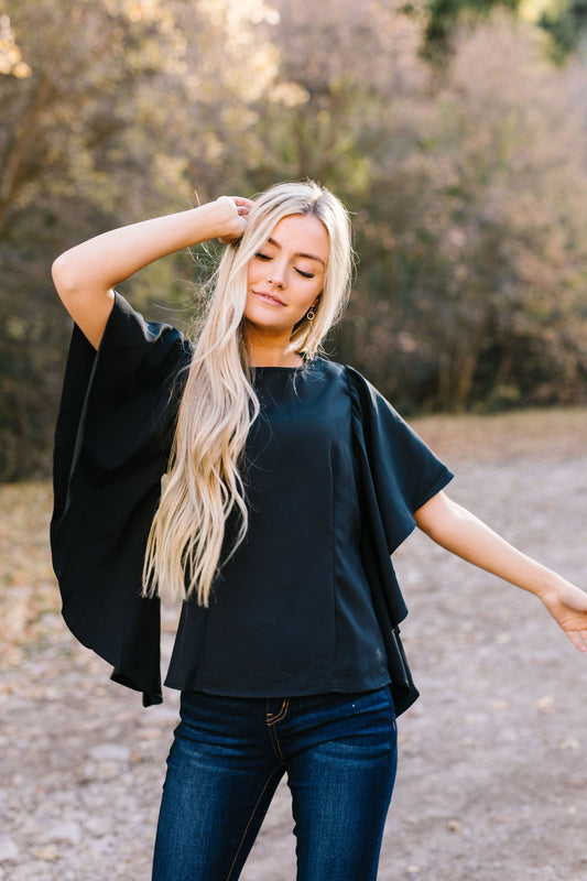 Wing And A Prayer Ruffle Sleeve Blouse in Black - ALL SALES FINAL