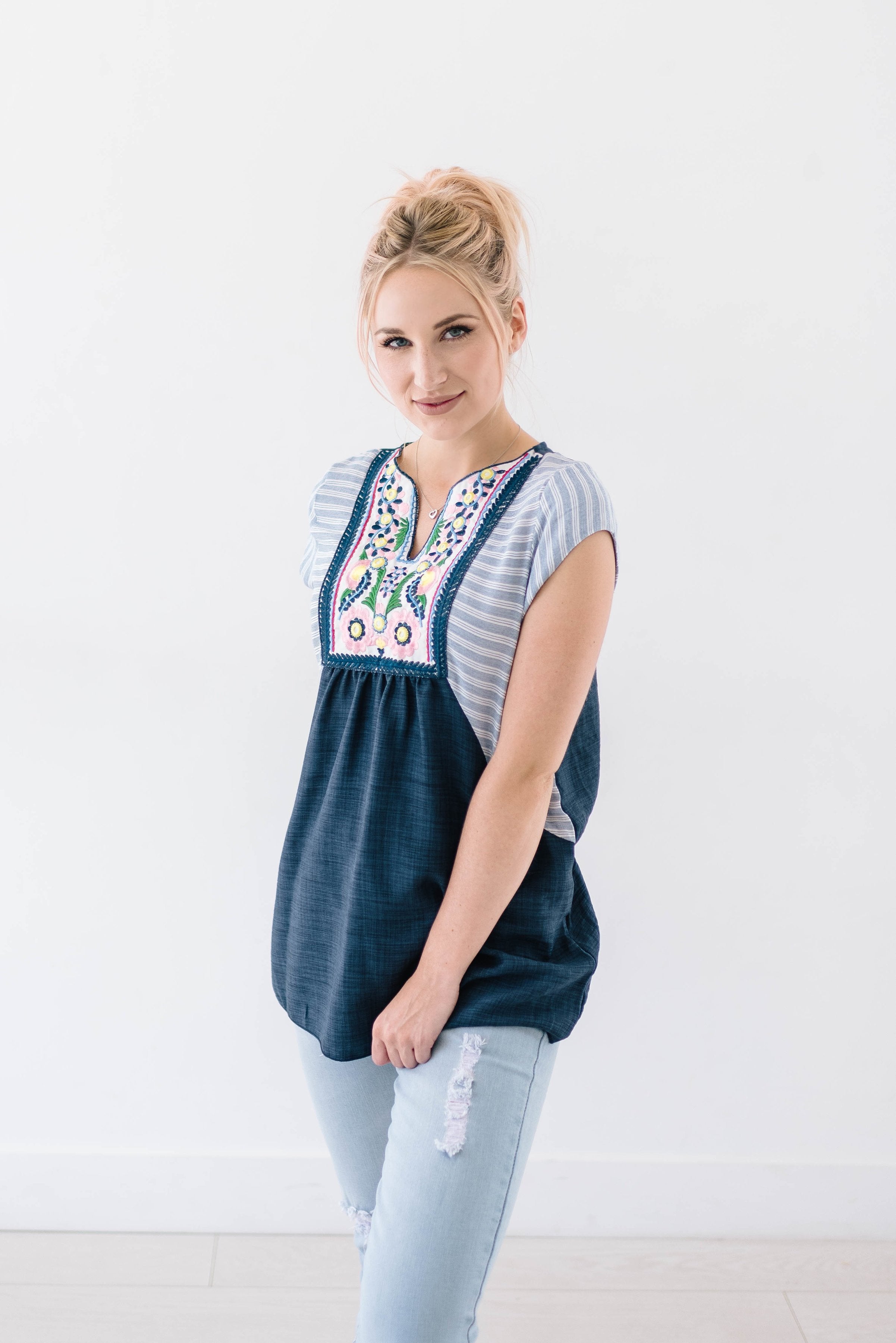 Zoila Blue Embroidered Top - ALL SALES FINAL